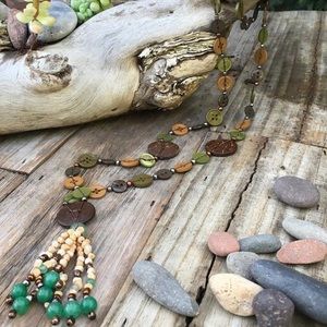Bohemian button and bead tassel necklace in green and brown long handcrafted
